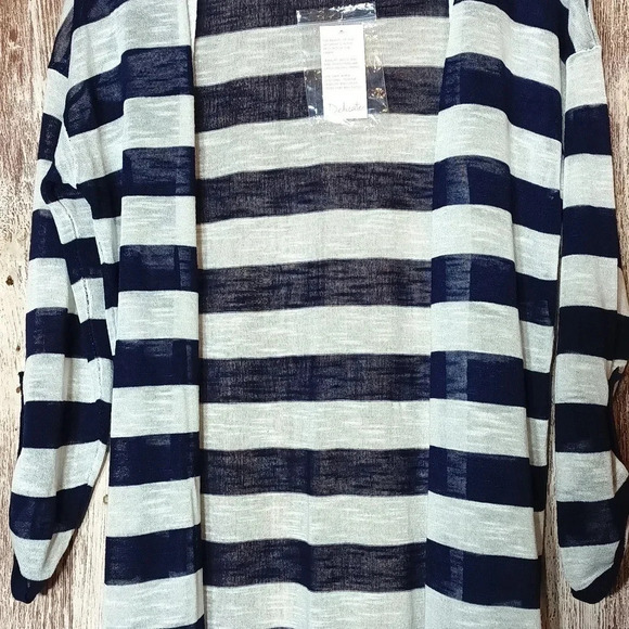 Nautical blue white striped open knit cardigan lightweight semi sheer M - Picture 4 of 11